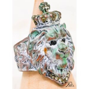 Crown Lion Ring Patina Finish Adjustable King Royal Statement Gift Men Women